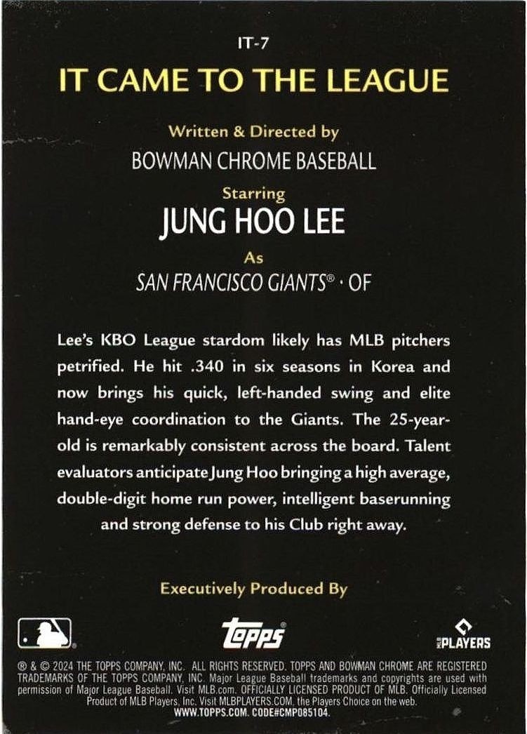 2024 Bowman Chrome Jung Hoo Lee #IT-7 baseball trading card back