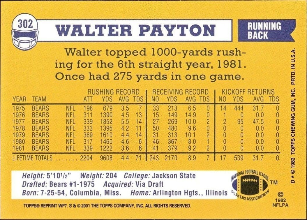 2001 Topps Walter Payton Commemorative Series Walter Payton #302 football trading card back