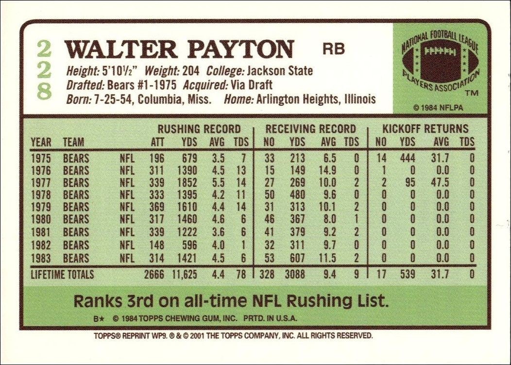 2001 Topps Walter Payton Commemorative Series Walter Payton #228 football trading card back
