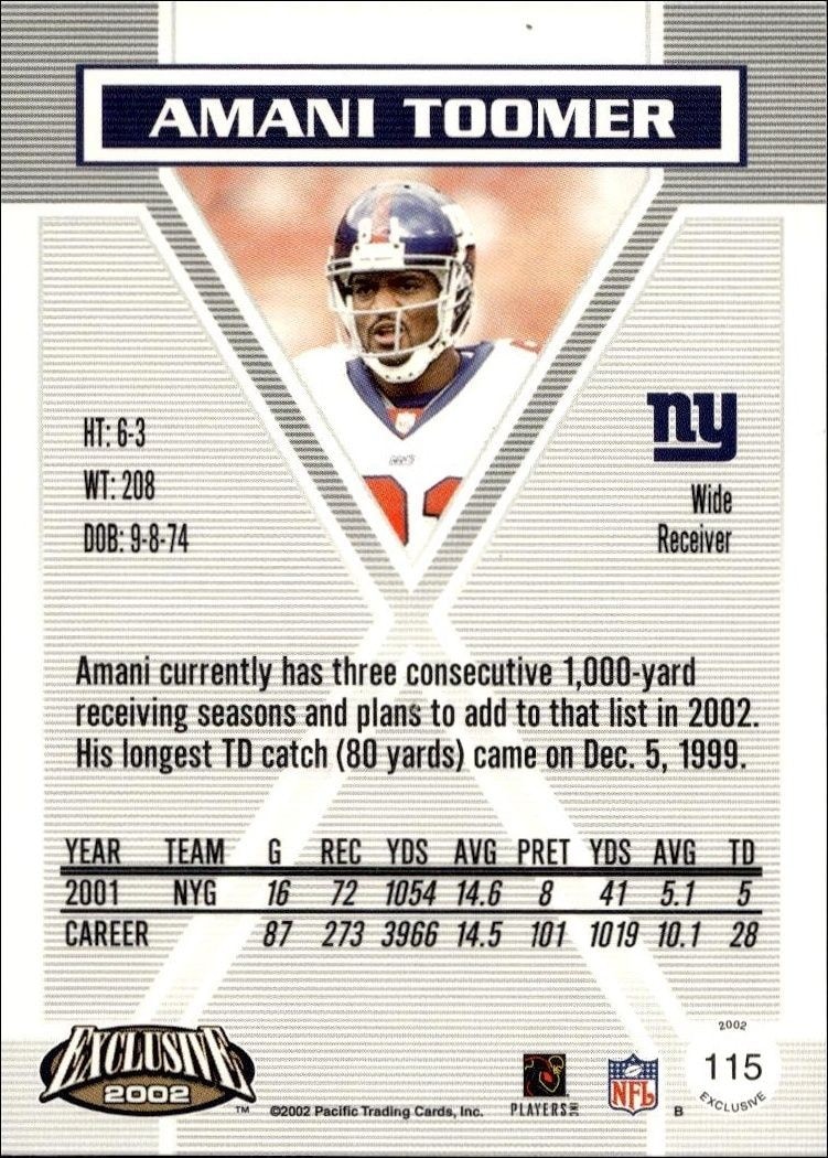 2002 Pacific Exclusive Amani Toomer #115 football trading card back