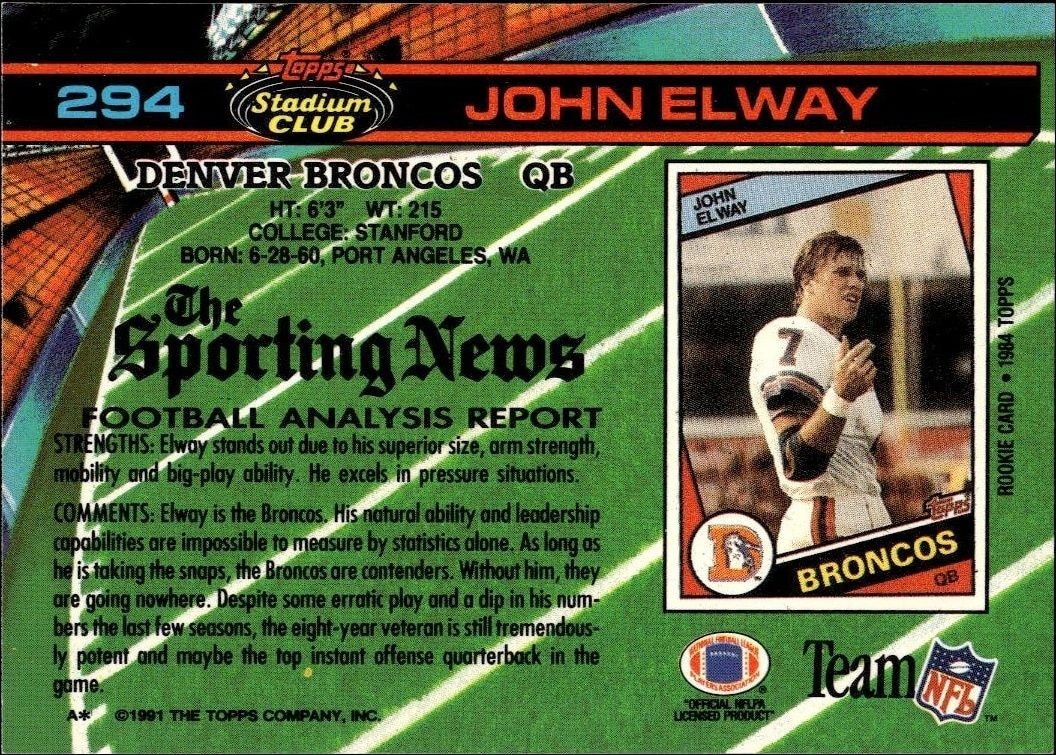 1991 Topps Stadium Club John Elway #294 football trading card back
