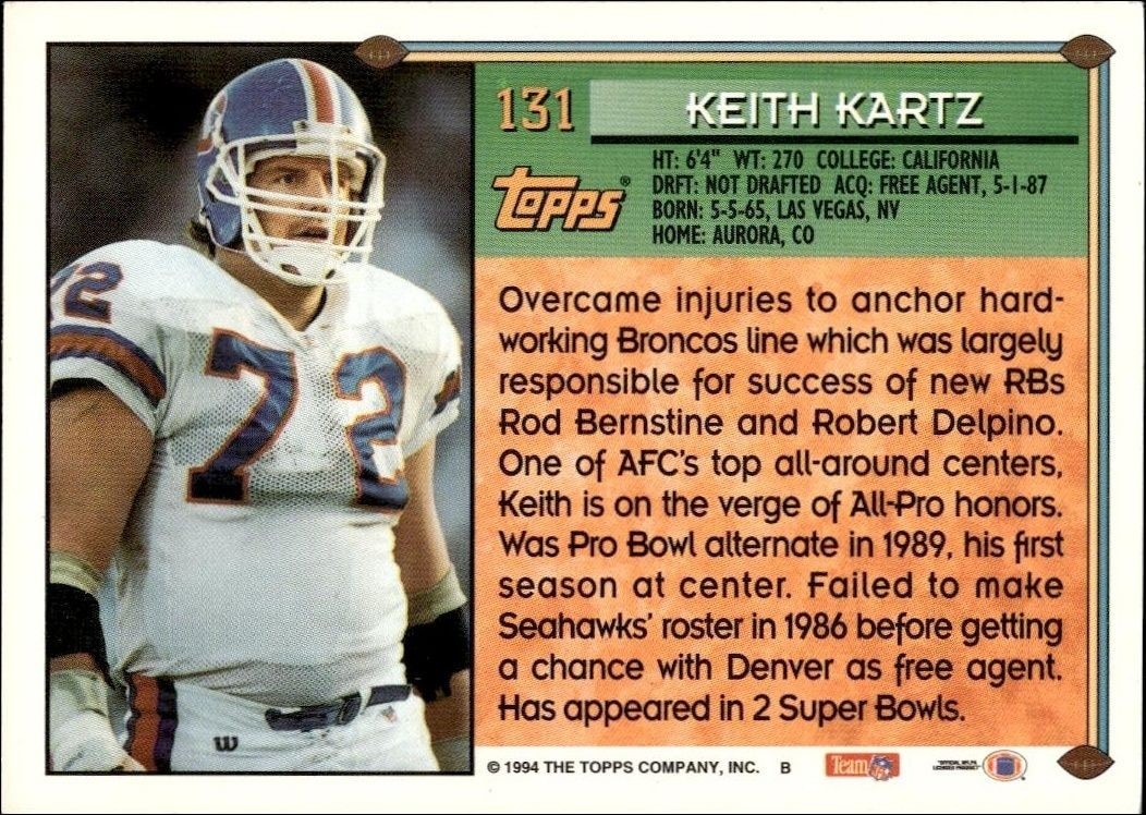 1994 Topps Keith Kartz #131 football trading card back