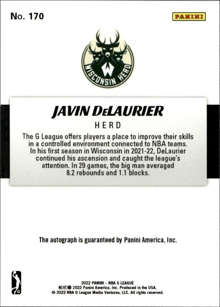 2021-22 Panini NBA G League Javin DeLaurier #170 basketball trading card back