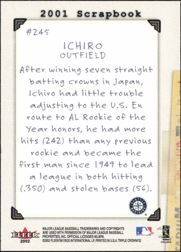 2002 Fleer Triple Crown Ichiro Suzuki #245 baseball trading card back