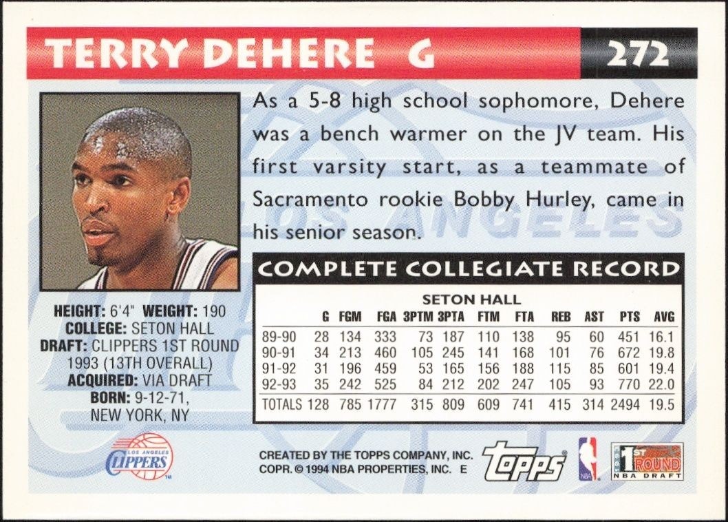 1993-94 Topps Terry Dehere #272 basketball trading card back