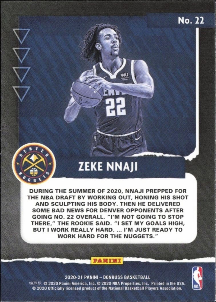 2020-21 Panini Donruss Zeke Nnaji #22 basketball trading card back