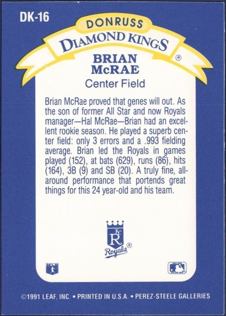 1992 Donruss Brian McRae #DK-16 baseball trading card back