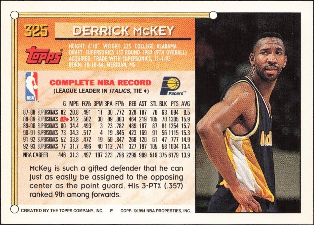 1993-94 Topps Derrick McKey #325 basketball trading card back