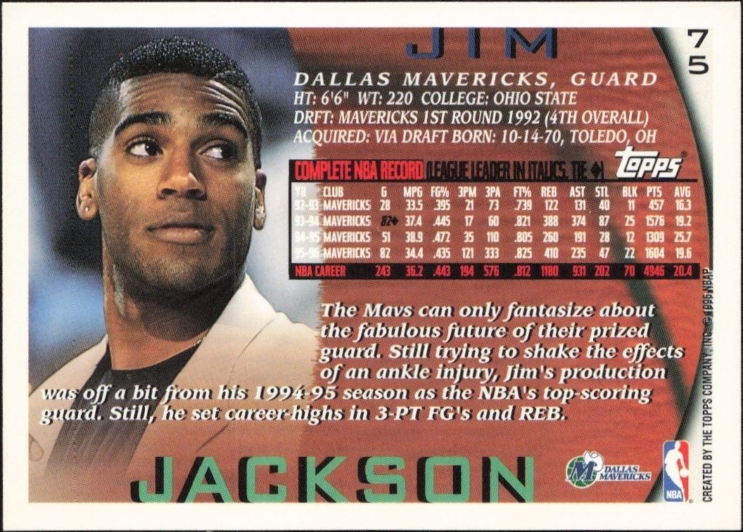 1996-97 Topps Jim Jackson #75 basketball trading card back