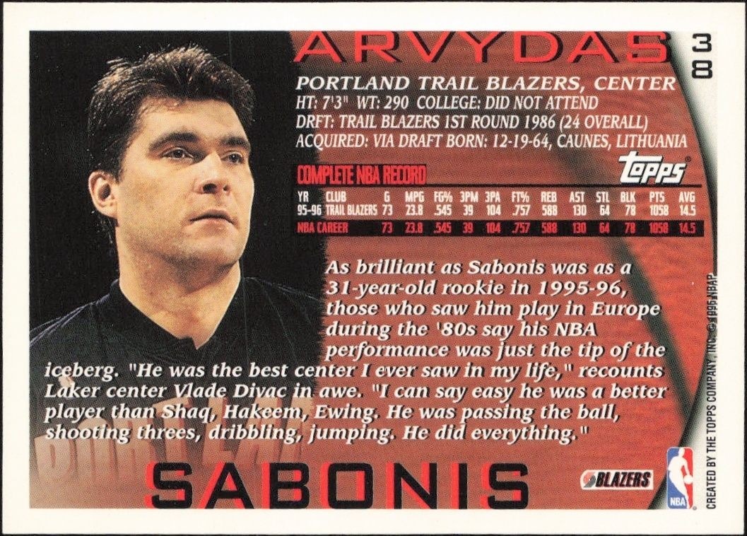 1996-97 Topps Arvydas Sabonis #38 basketball trading card back
