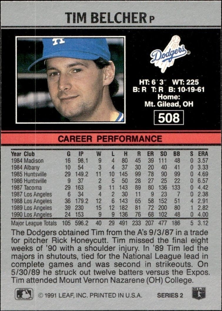 1991 Leaf Tim Belcher #508 baseball trading card back