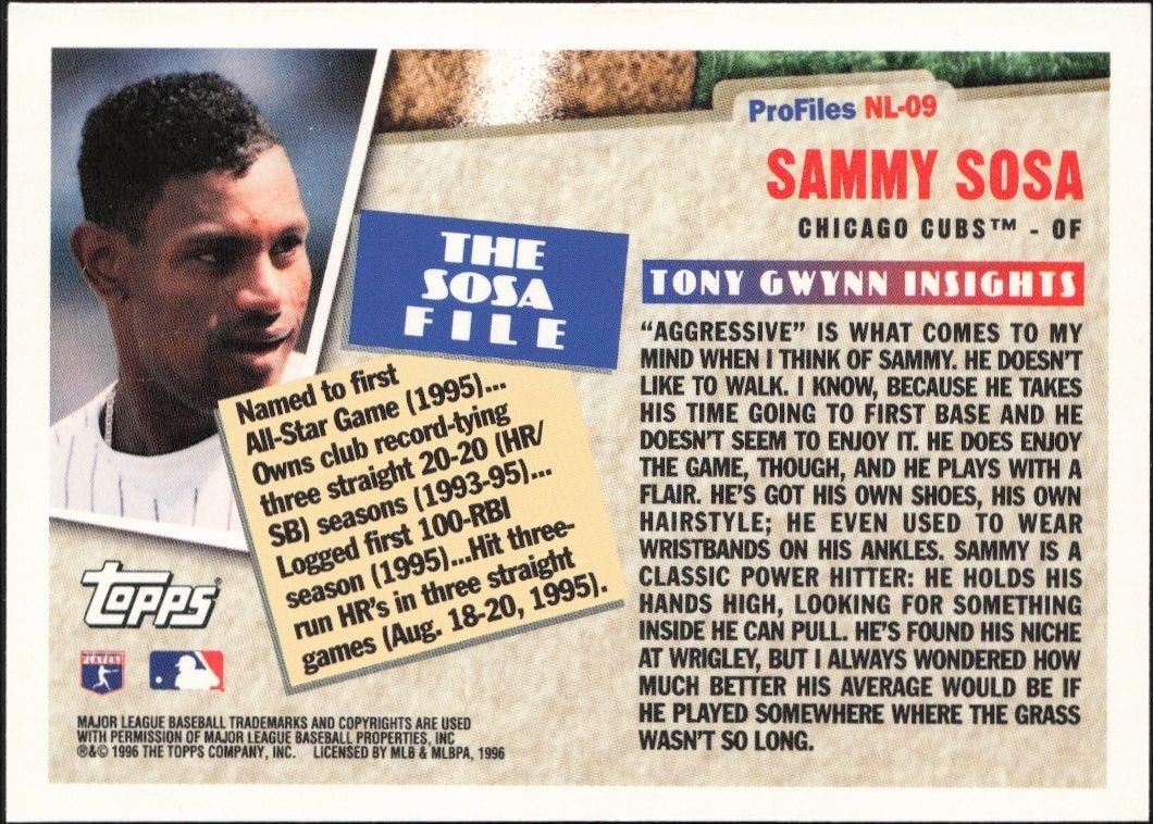 1996 Topps Sammy Sosa #NL-09 baseball trading card back