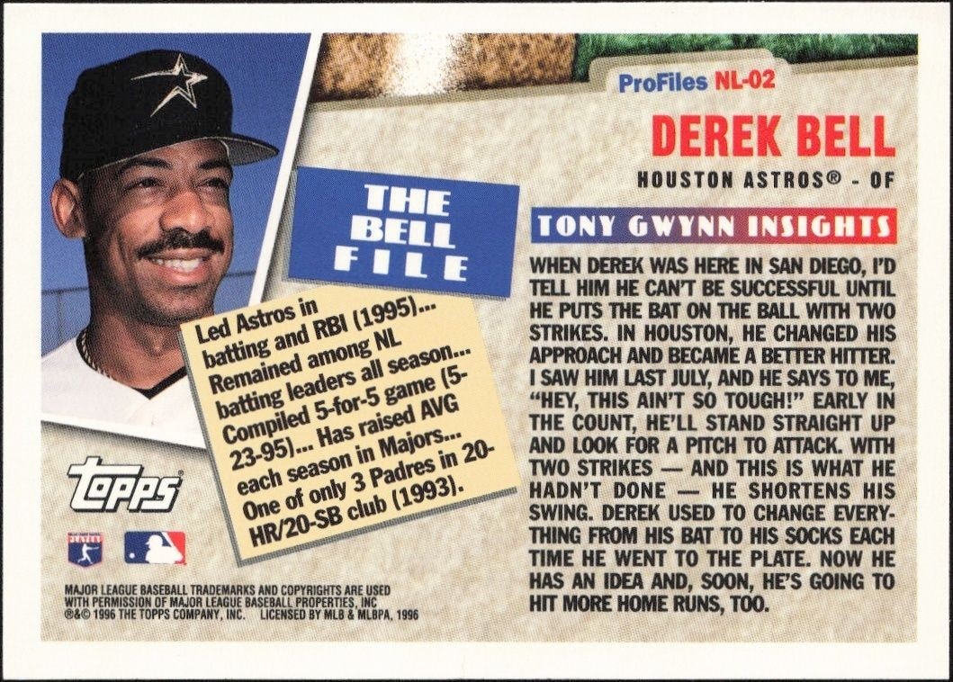 1996 Topps Derek Bell #NL-02 baseball trading card back