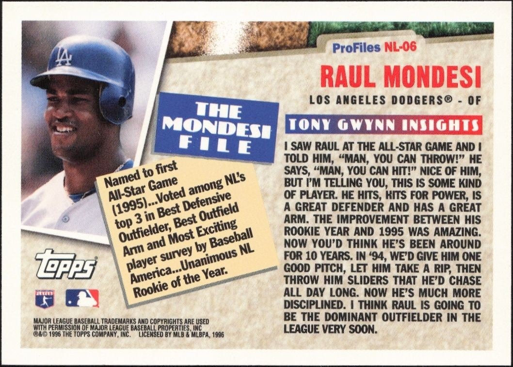 1996 Topps Raul Mondesi #NL-06 baseball trading card back