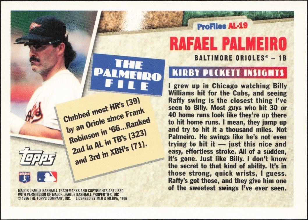 1996 Topps Rafael Palmeiro #AL-19 baseball trading card back