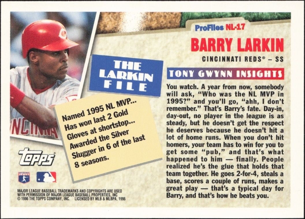 1996 Topps Barry Larkin #NL-17 baseball trading card back