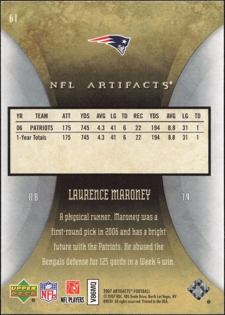 2007 Upper Deck Artifacts Laurence Maroney #61 football trading card back
