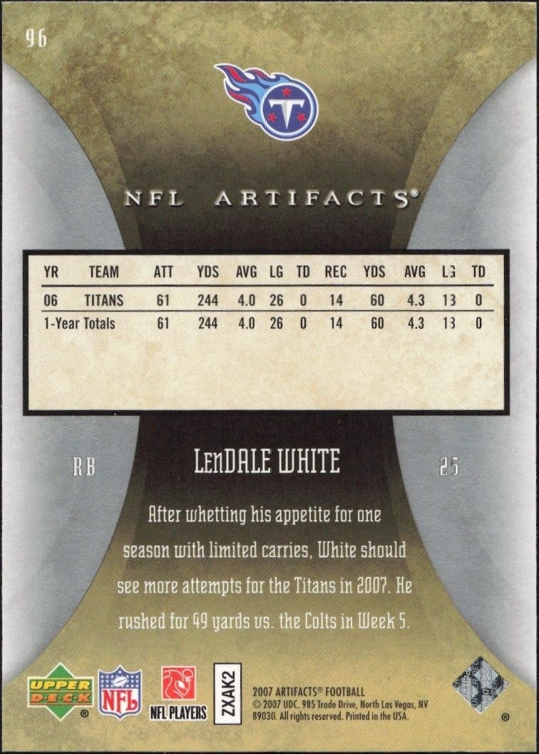 2007 Upper Deck Artifacts LenDale White #96 football trading card back