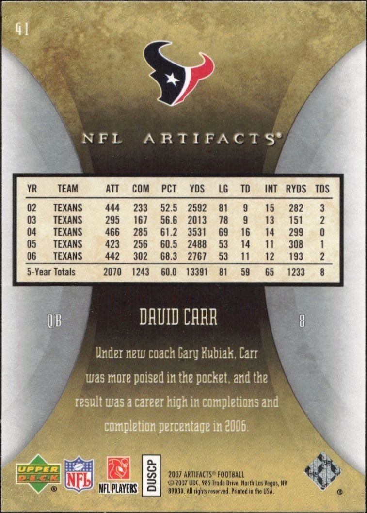 2007 Upper Deck Artifacts David Carr #41 football trading card back