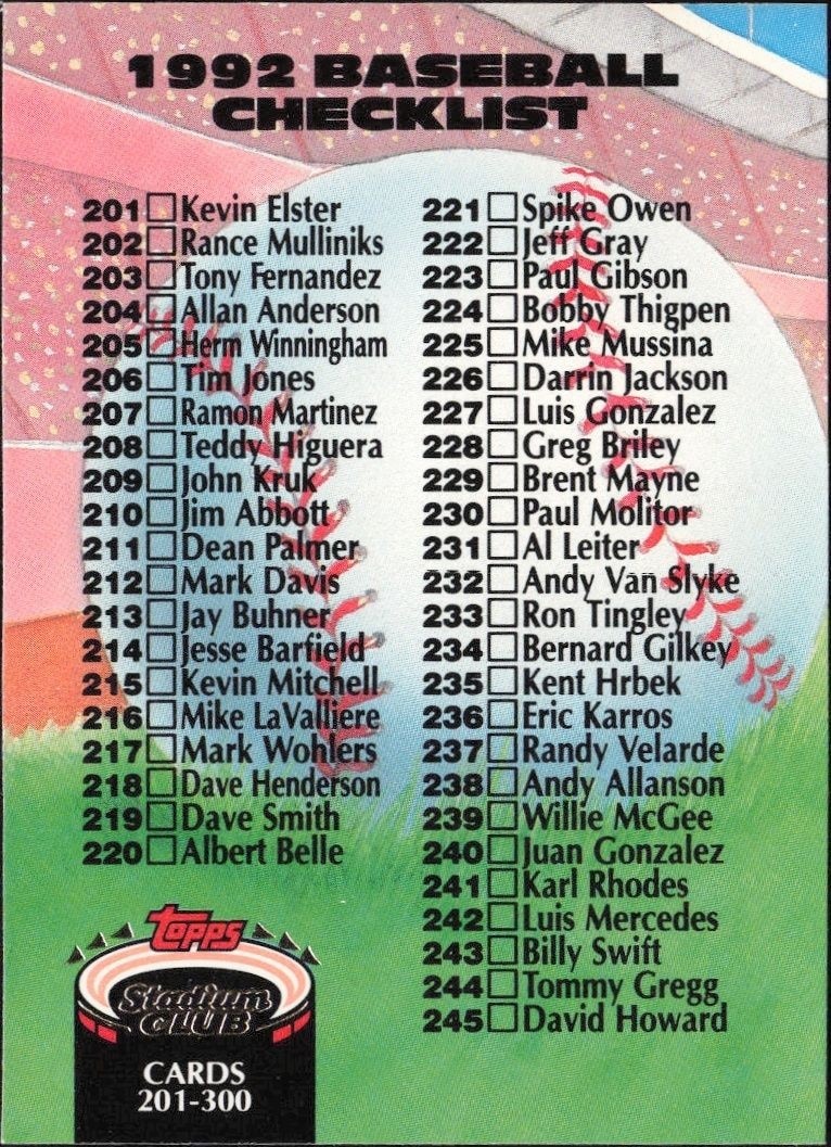 1992 Topps Stadium Club Checklist #300 trading card