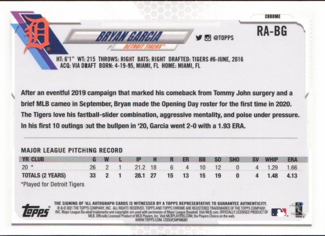 2021 Topps Chrome Bryan Garcia #RA-BG baseball trading card back