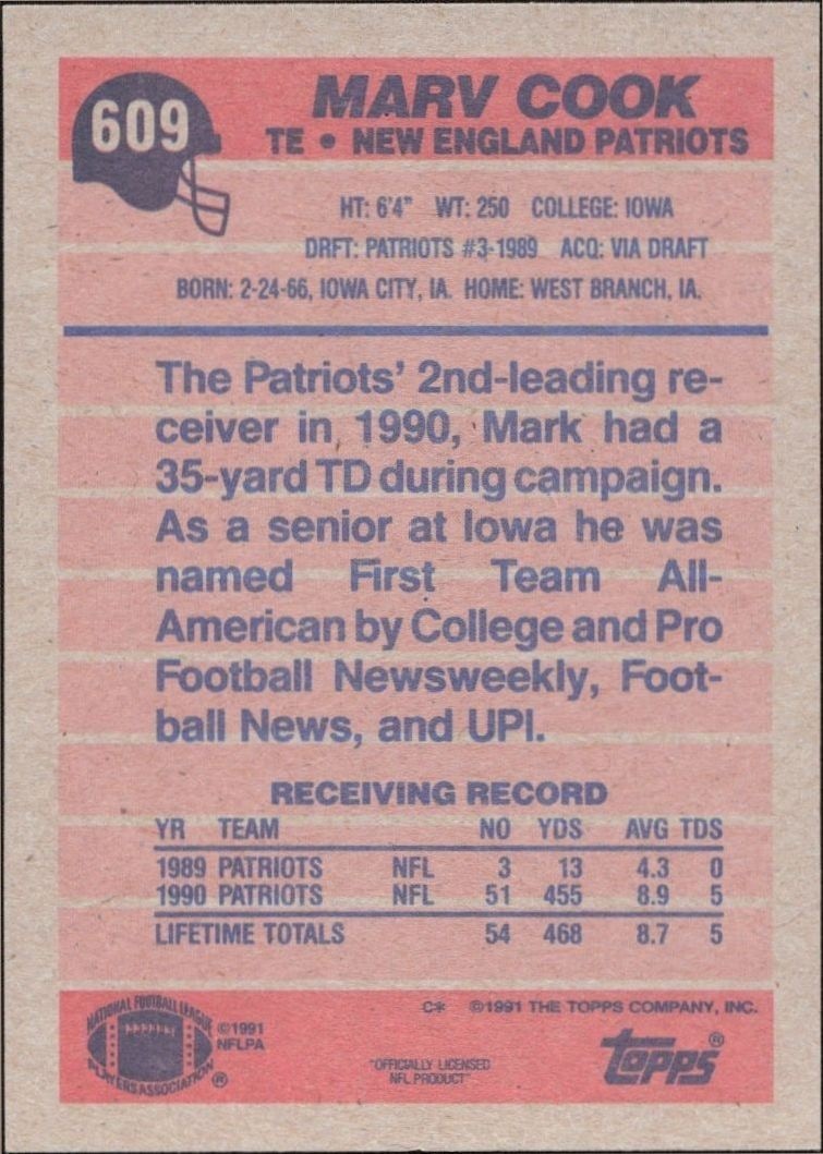1991 Topps Marv Cook #609 football trading card back