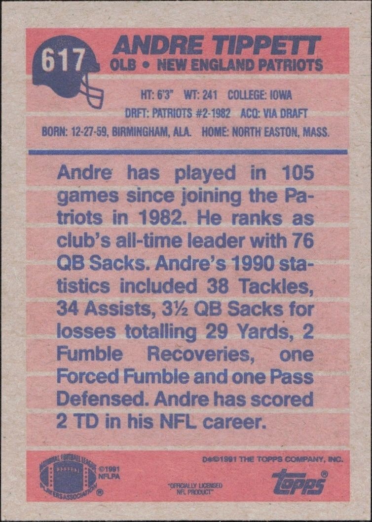 1991 Topps Andre Tippett #617 football trading card back