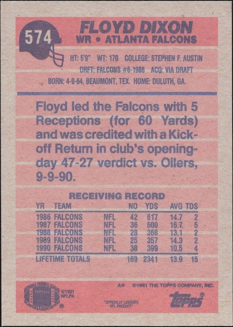 1991 Topps Floyd Dixon #574 football trading card back