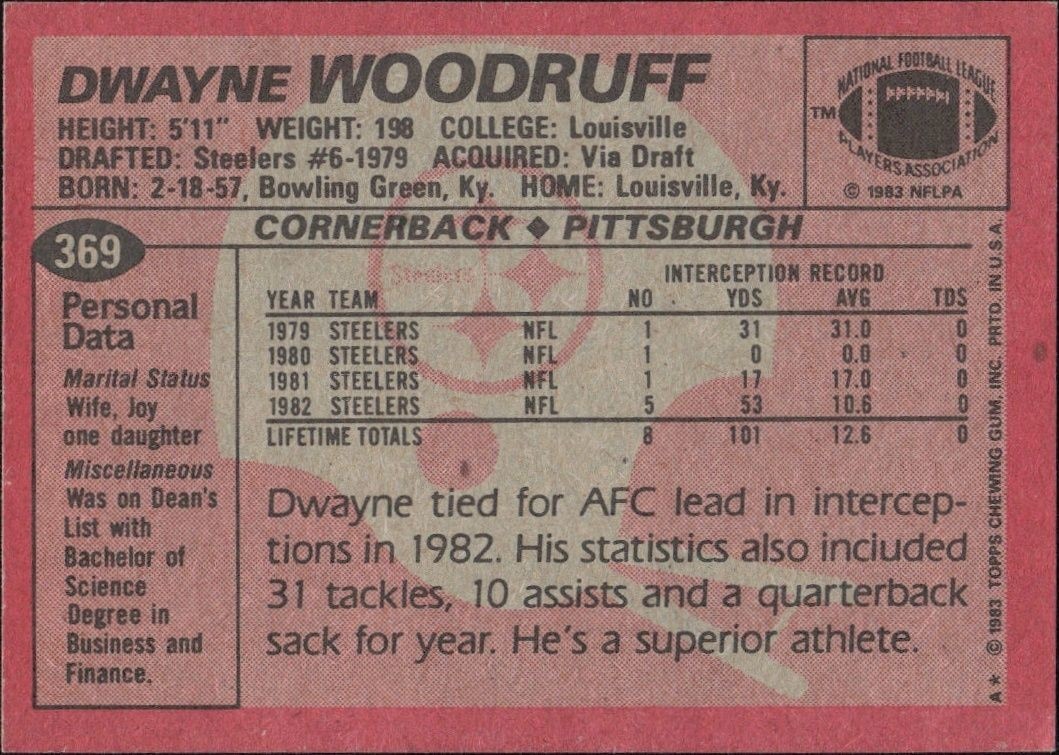 1983 Topps Dwayne Woodruff #369 football trading card back