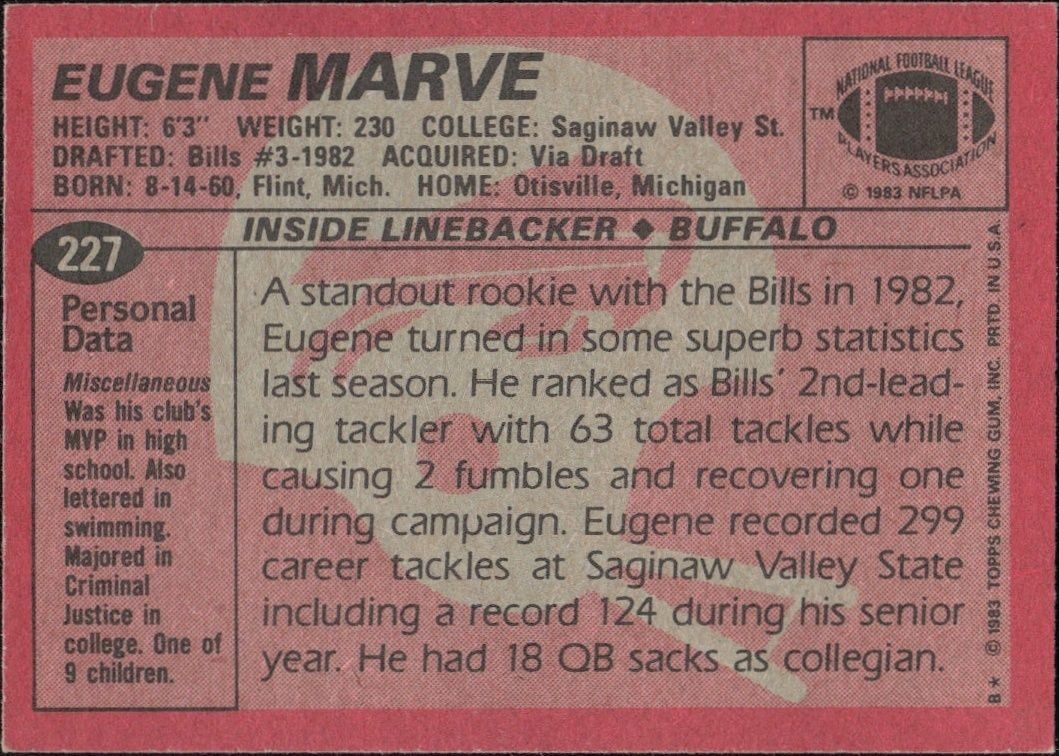 1983 Topps Eugene Marve #227 football trading card back