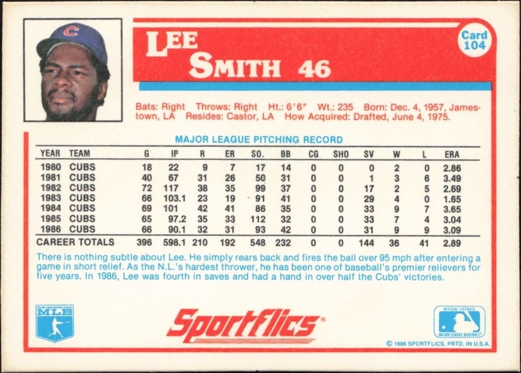 1986 Sportflics Lee Smith #104 baseball trading card back