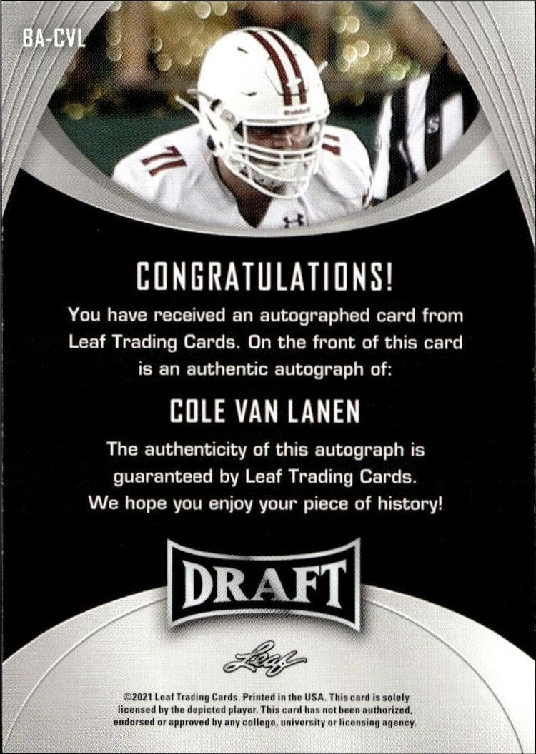 2021 Leaf Draft Cole Van Lanen #BA-CVL football trading card back
