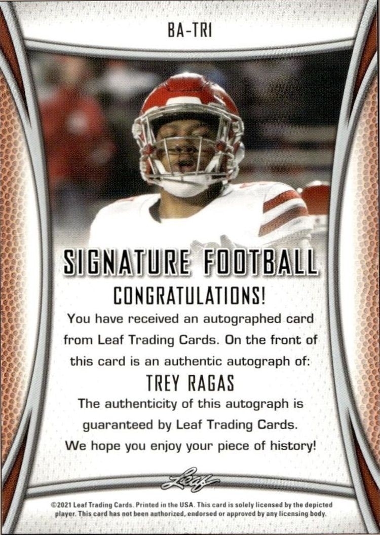 2021 Leaf Signature Trey Ragas #BA-TR1 football trading card back