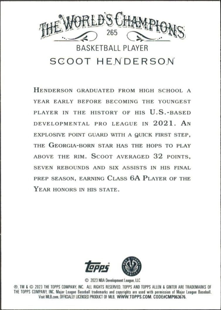 2023 Topps Allen & Ginter Scoot Henderson #265 baseball trading card back