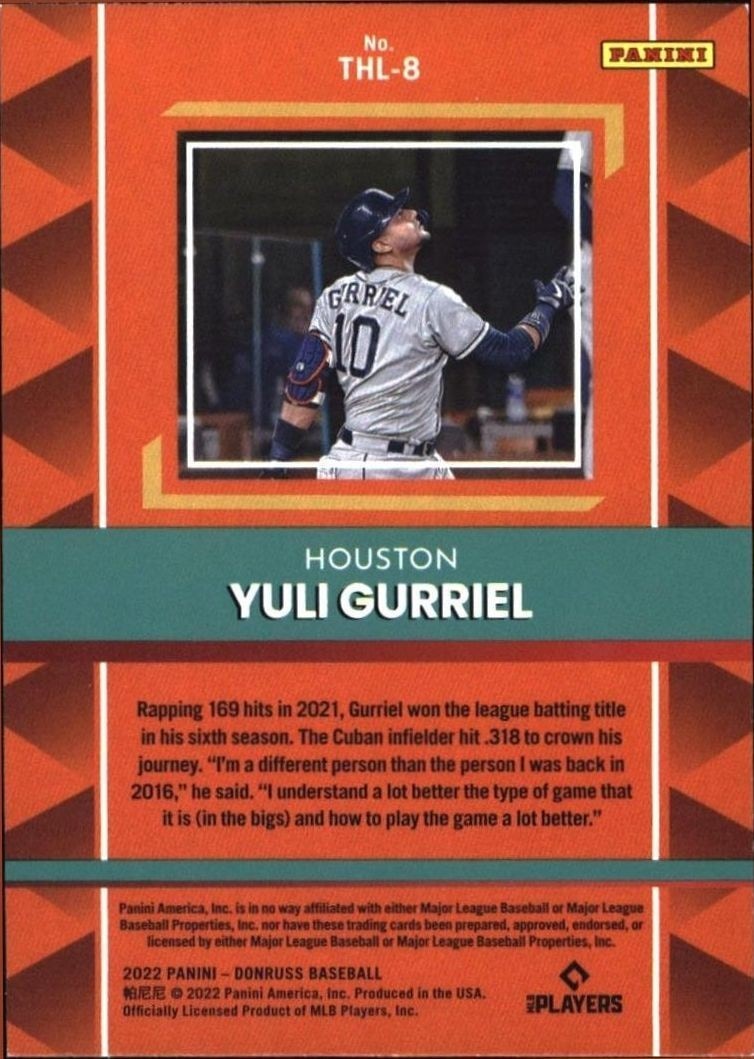 2022 Panini Donruss Yulieski Gurriel #THL-8 baseball trading card back