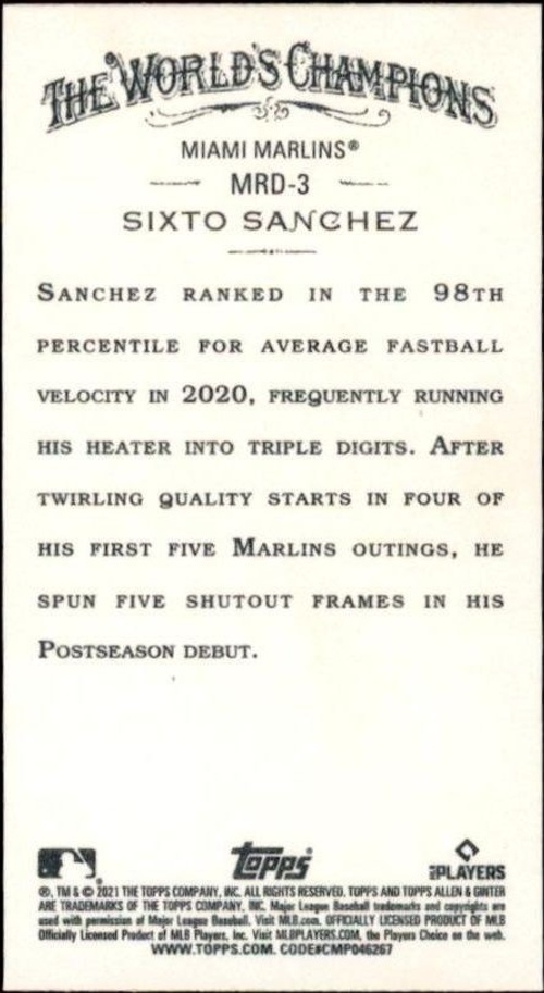 2021 Topps Allen & Ginter Sixto Sanchez #MRD-3 baseball trading card back