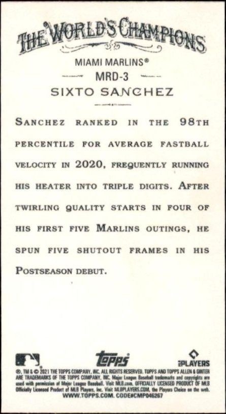 2021 Topps Allen & Ginter Sixto Sanchez #MRD-3 baseball trading card back