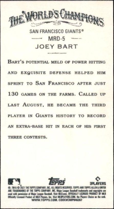 2021 Topps Allen & Ginter Joey Bart #MRD-5 baseball trading card back