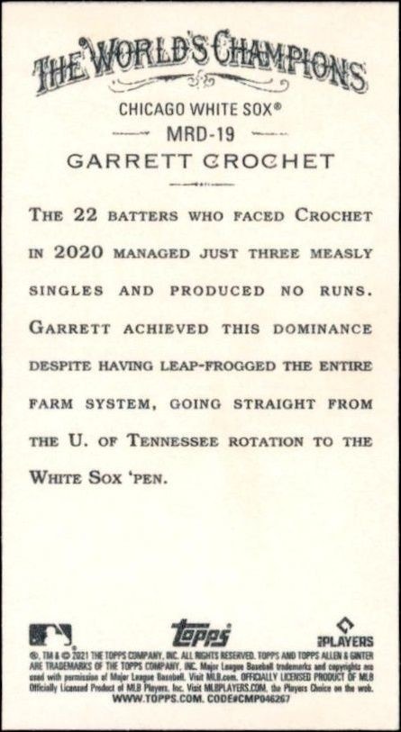 2021 Topps Allen & Ginter Garrett Crochet #MRD-19 baseball trading card back
