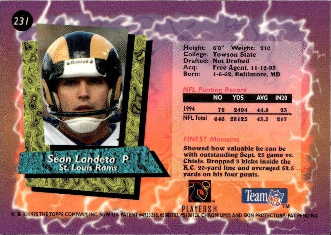 1995 Topps Finest Sean Landeta #231 football trading card back