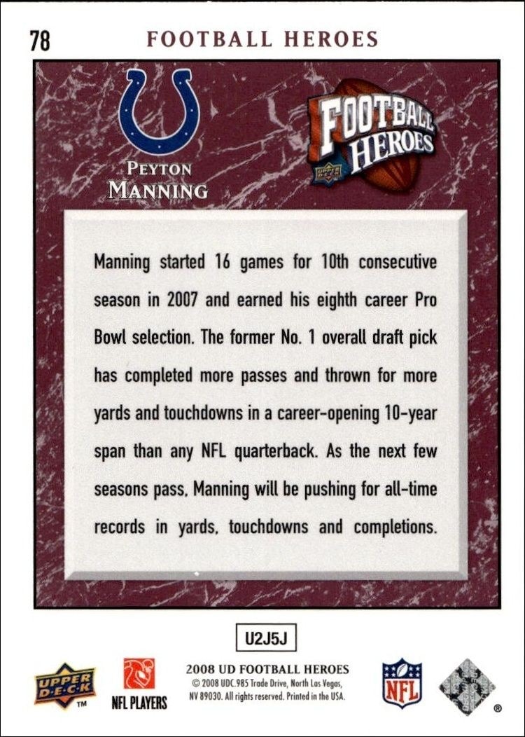 2008 Upper Deck Peyton Manning #78 football trading card back