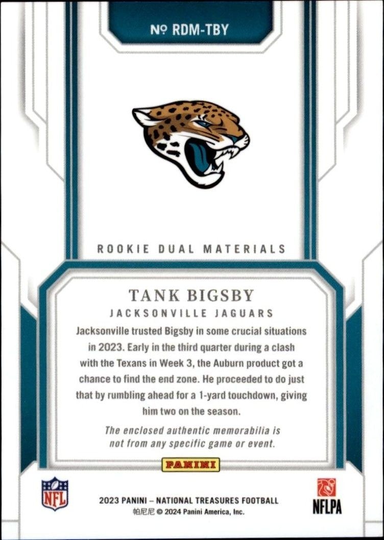 2023 Panini National Treasures Tank Bigsby #RDM-TBY football trading card back