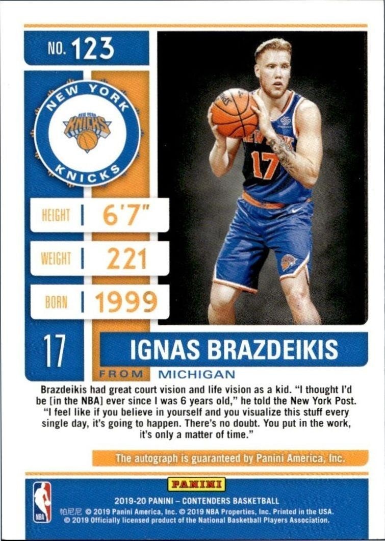 2019-20 Panini Contenders Ignas Brazdeikis #123 basketball trading card back