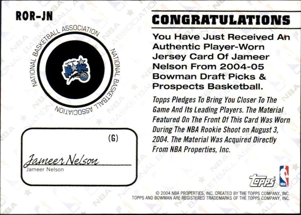 2004-05 Bowman Jameer Nelson #ROR-JN basketball trading card back