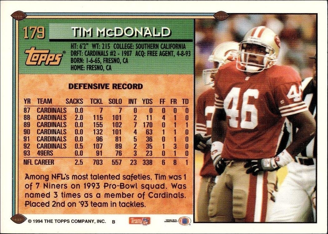 1994 Topps Tim McDonald #179 football trading card back