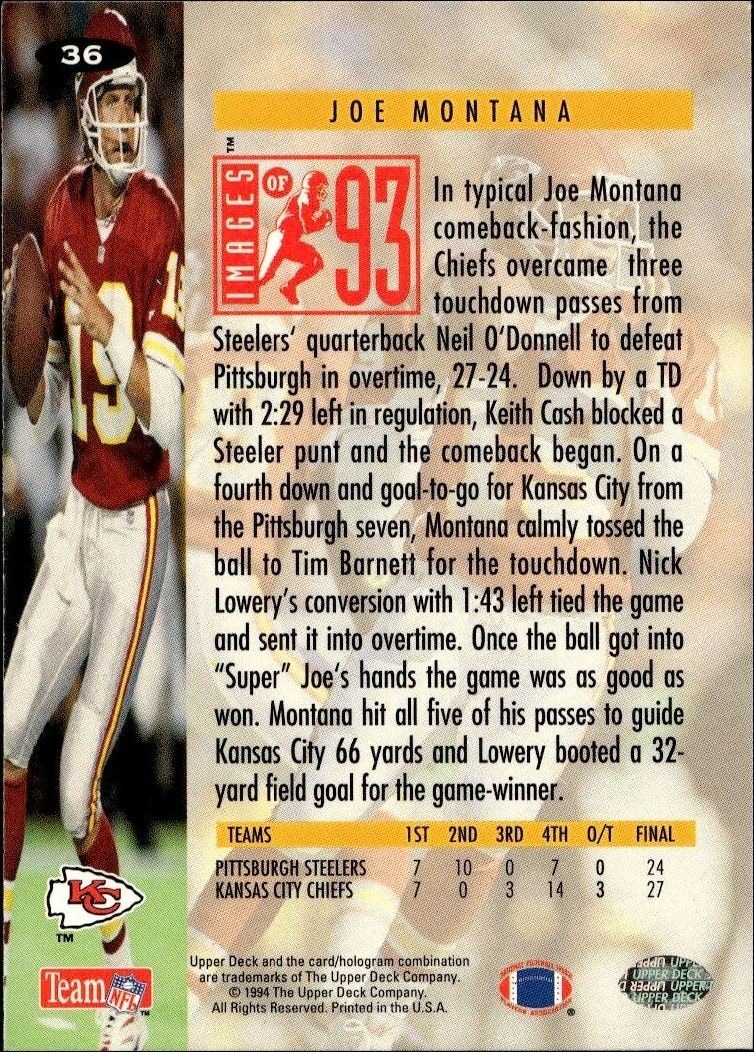 1994 Upper Deck Collector's Choice Joe Montana #36 football trading card back