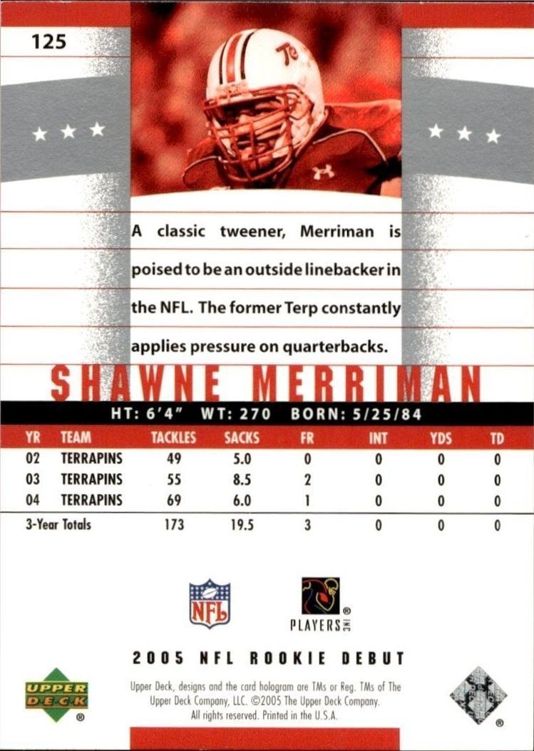2005 Upper Deck Shawne Merriman #125 football trading card back