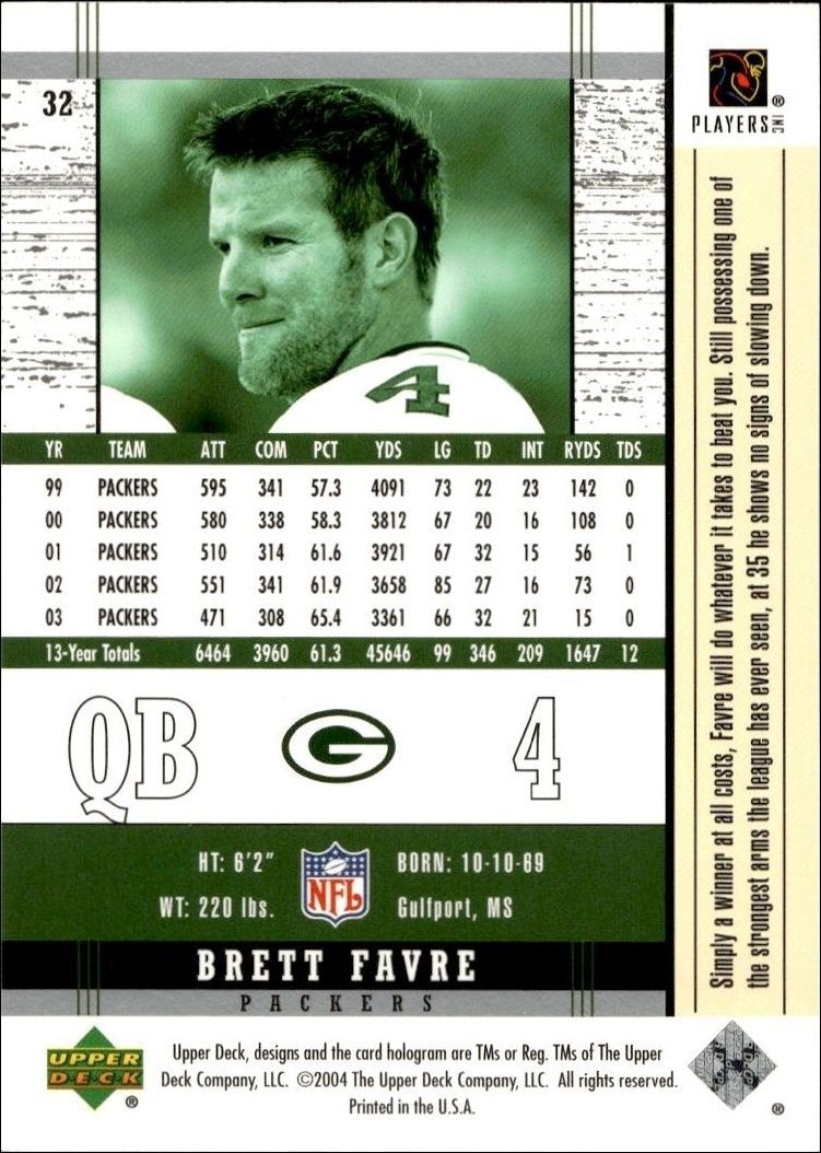 2004 Upper Deck Legends Brett Favre #32 football trading card back