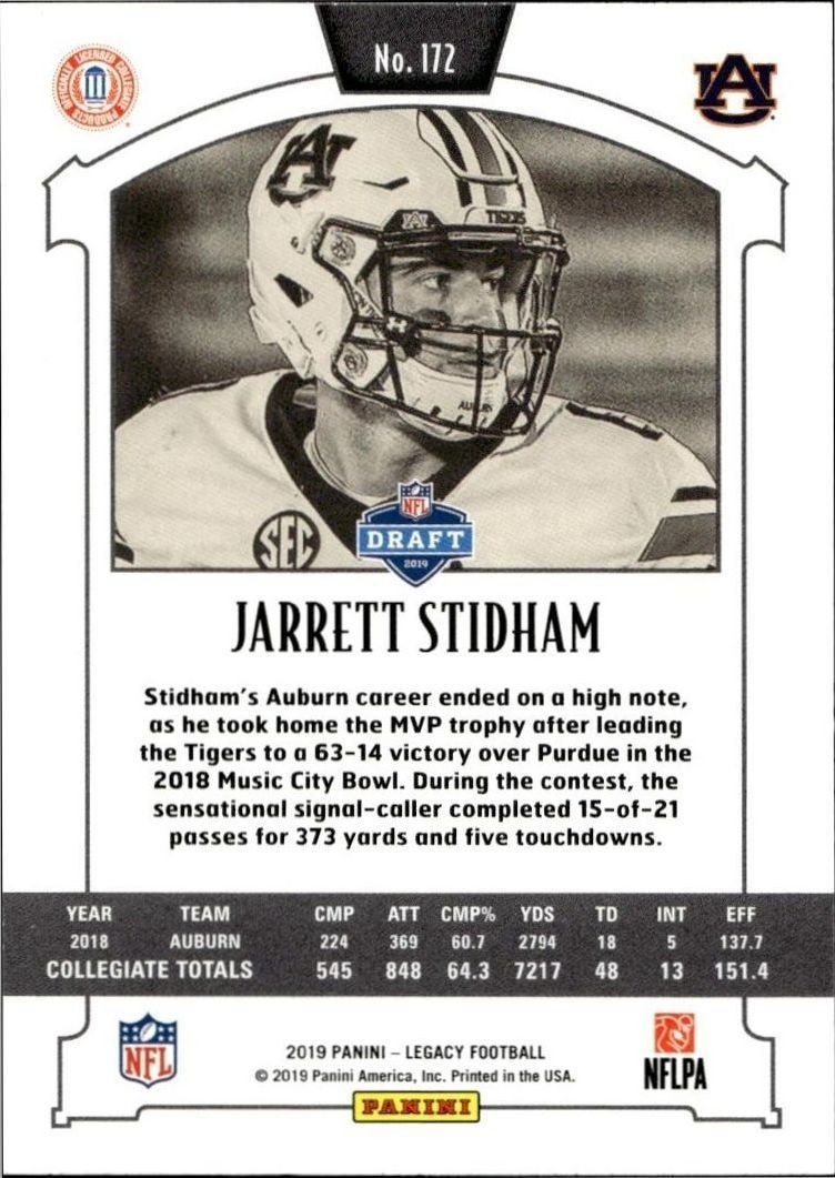 2019 Panini Legacy Jarrett Stidham #172 football trading card back