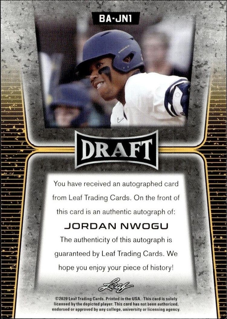 2020 Leaf Draft Jordan Nwogu #BA-JN1 baseball trading card back